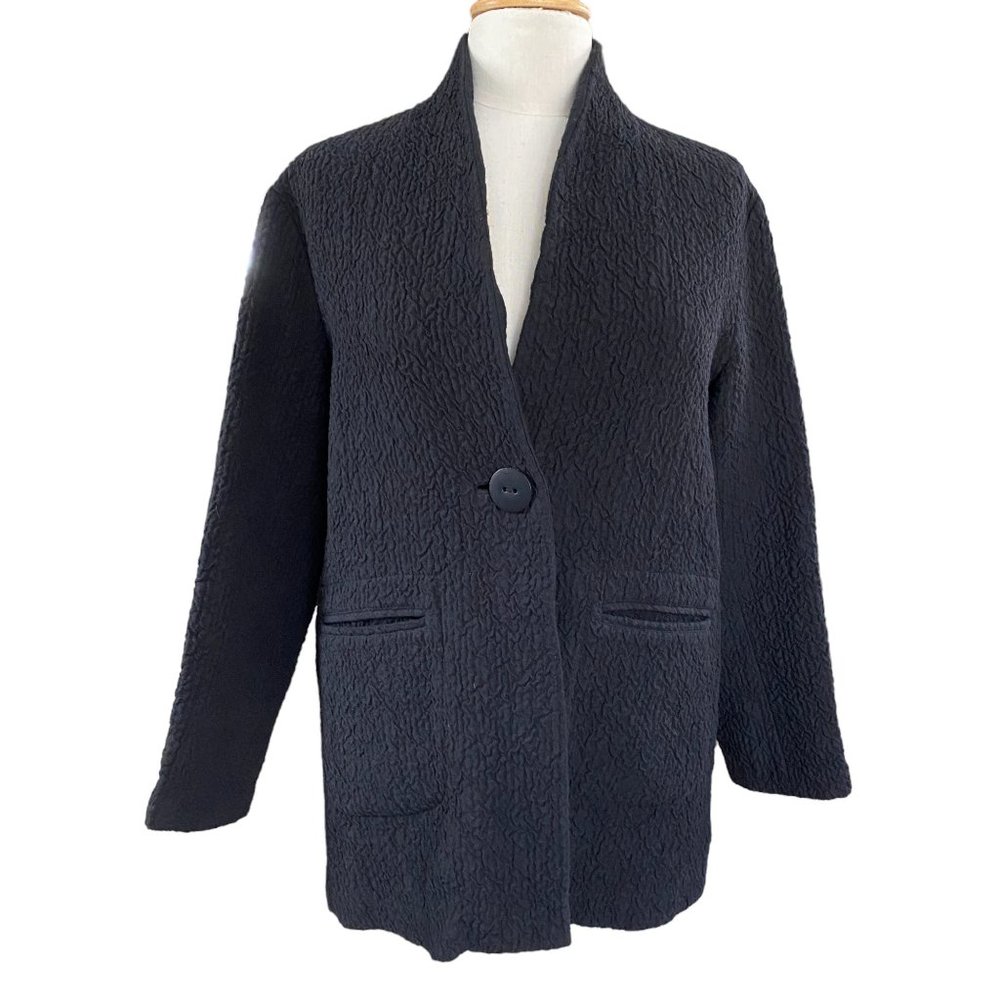 Eileen Fisher Black Virgin Wool Linen Textured Crinkle Blazer Parisian Luxury-XS